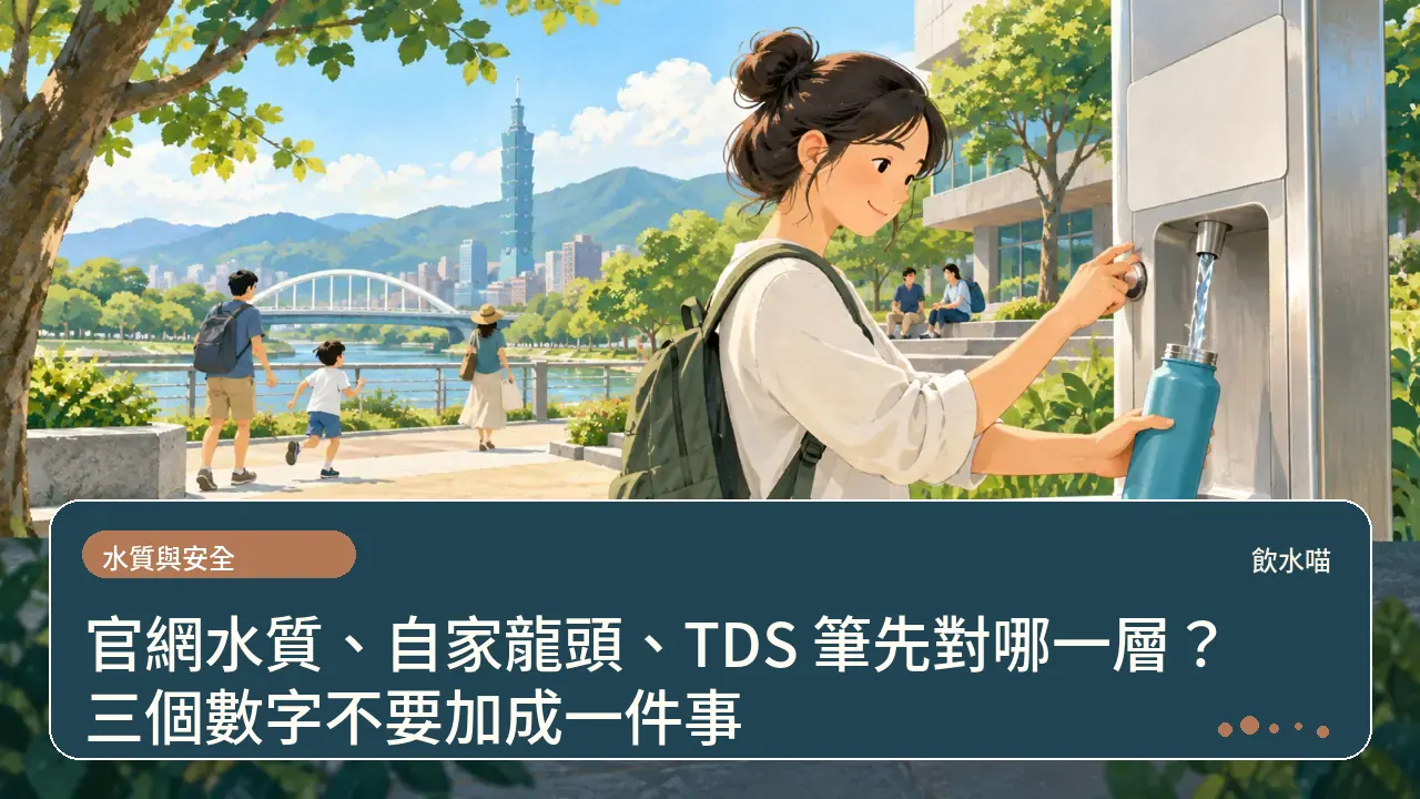 官網水質、自家龍頭、TDS 筆先對哪一層?三個數字不要加成一件事主題插畫