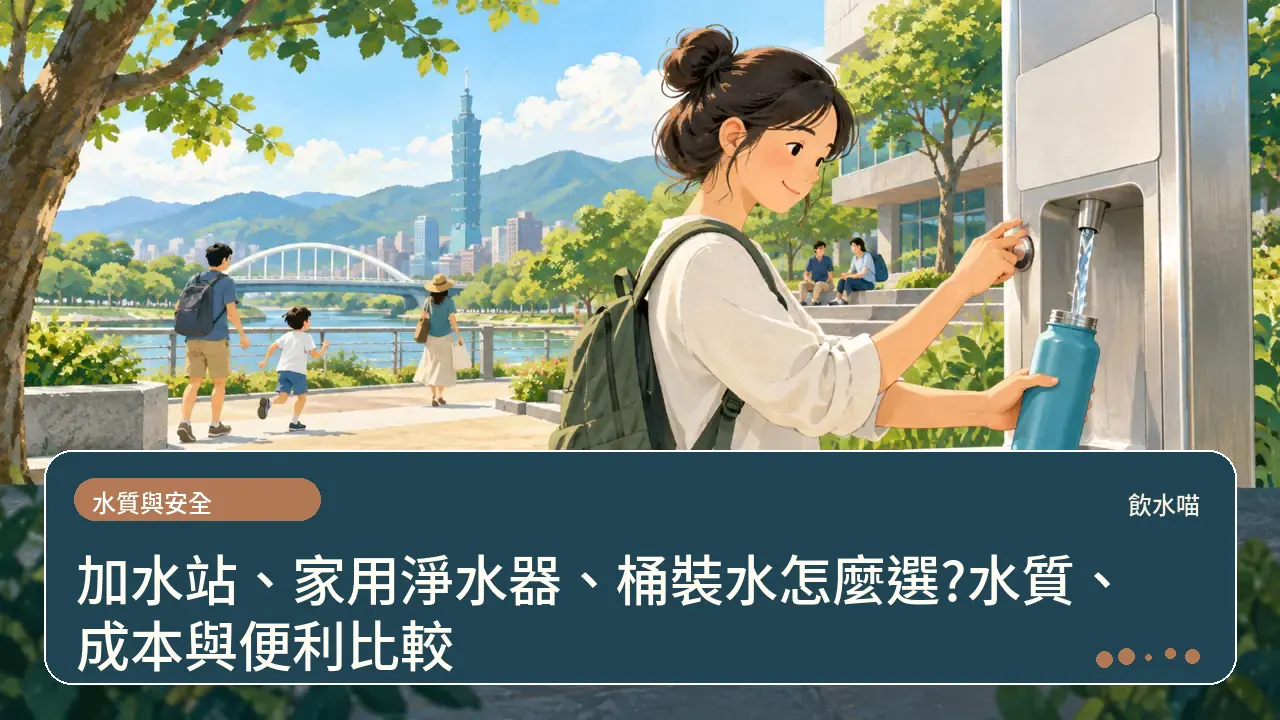 加水站、家用淨水器、桶裝水怎麼選?水質、成本與便利比較主題插畫