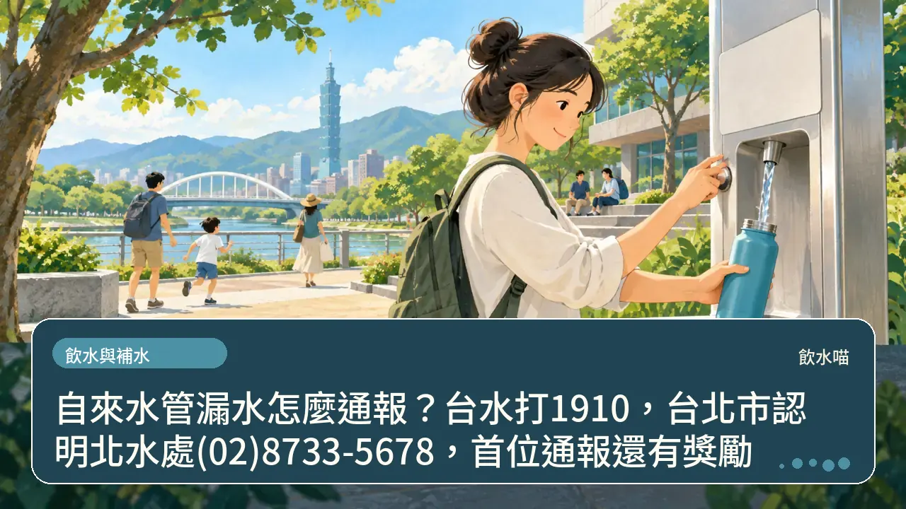 自來水管漏水怎麼通報?台水打1910,台北市認明北水處(02)8733-5678,首位通報還有獎勵主題插畫